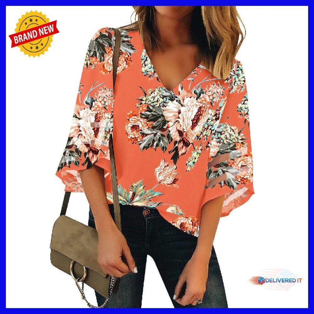 Women's 3/4 Sleeve V-Neck Blouse, Flared Bell Sleeves, Casual Work Shirt